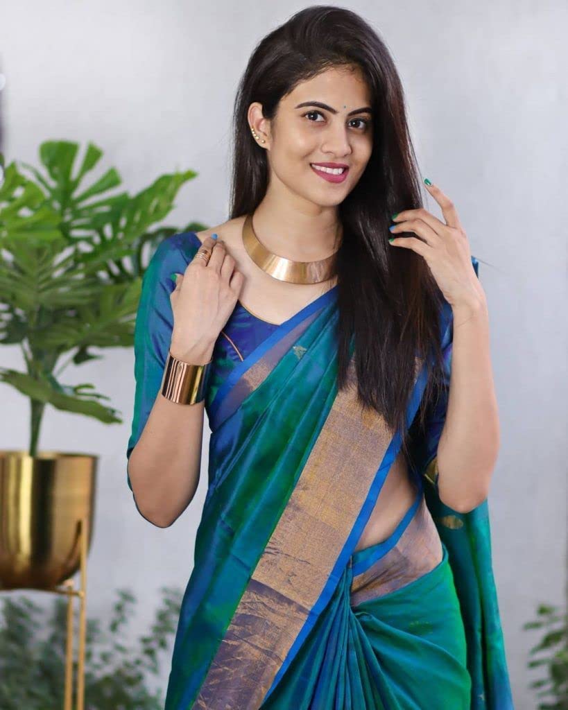 SGF11 Women's Kanjivaram Zari Woven Soft Silk Saree With Unstiched Blouse Piece (Rama Green)