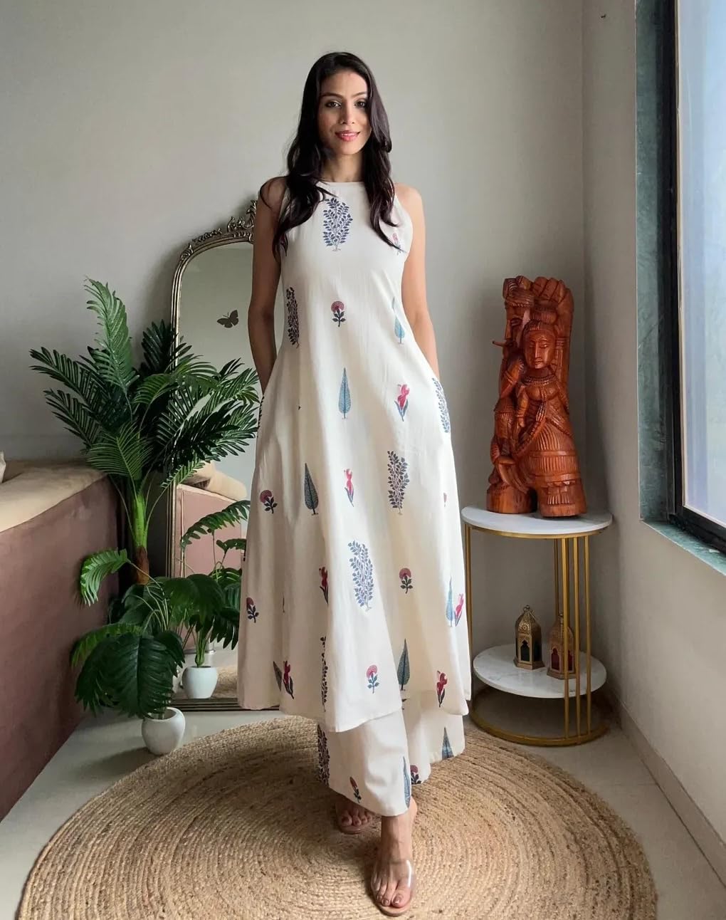 Klosia Women Pure Cotton Kurta Palazzo Set | Sleeveless Printed Kurta with Palazzo Pants | Summer Friendly, Office Wear Co-Ord Set White