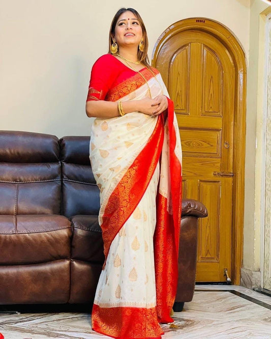 Women Banarasi Style Soft Silk Saree White with Red Zari Border Traditional Wedding Festive with Blouse Piece