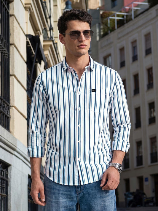 The Indian Garage Co White Slim Fit Striped Shirts