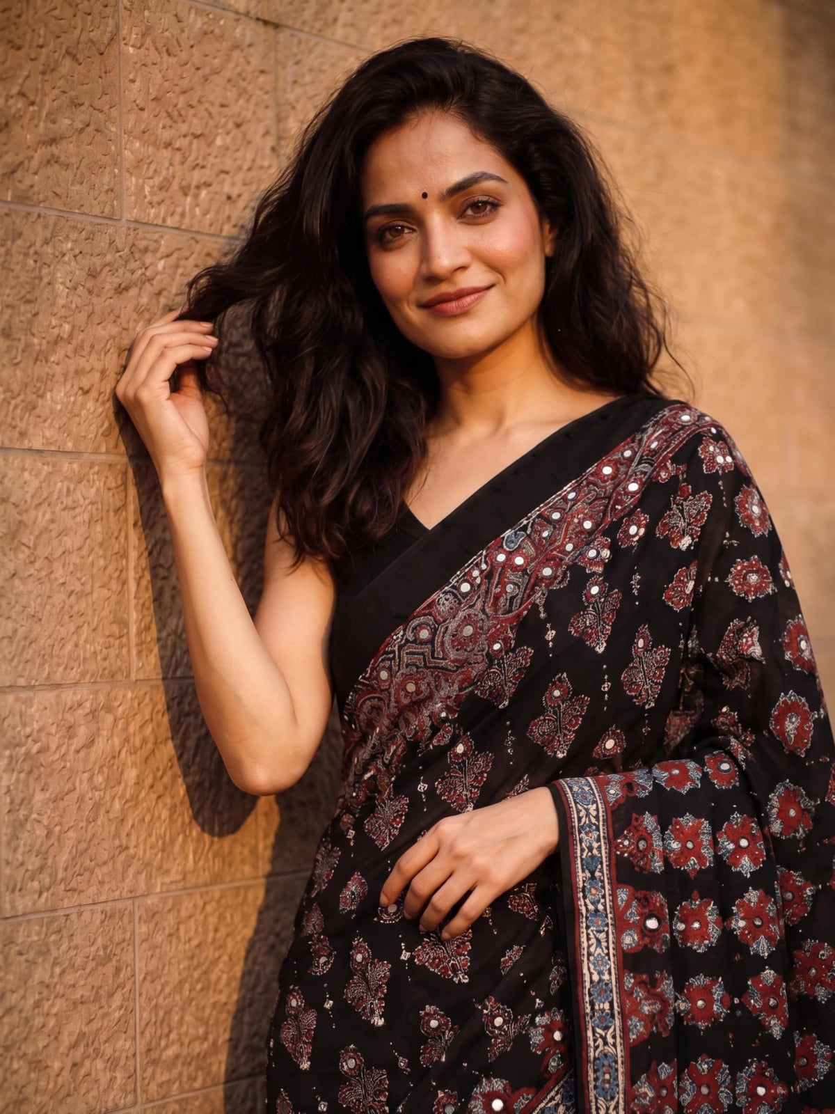 Kryone Collection Ajrakh Modal Silk Saree for Women | Mirror Work Black Saree | Gajji Silk Red Pallu Tassels | Designer Sarees for Women Party | Ajrakh Print Saree | Modal Silk Sarees Original