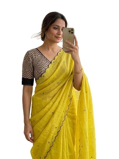 Women's Yellow Cotton Linen Saree with Mirror Work Border | Saree with unstiched Blouse Piece (Yellow)
