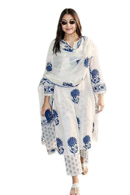 Nermosa Women's Hand Block Floral Printed Straight Kurta Set with Palazzo Pants & Dupatta Ethnic Kurta Set for Casual Outings Day Events Summer Wear Festive (IN, Alpha, L, Standard, White)