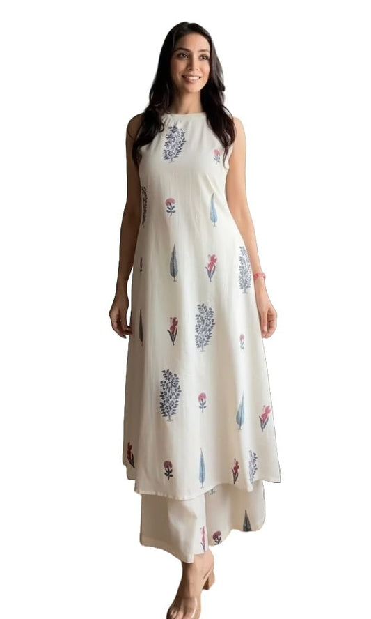 Klosia Women Pure Cotton Kurta Palazzo Set | Sleeveless Printed Kurta with Palazzo Pants | Summer Friendly, Office Wear Co-Ord Set White