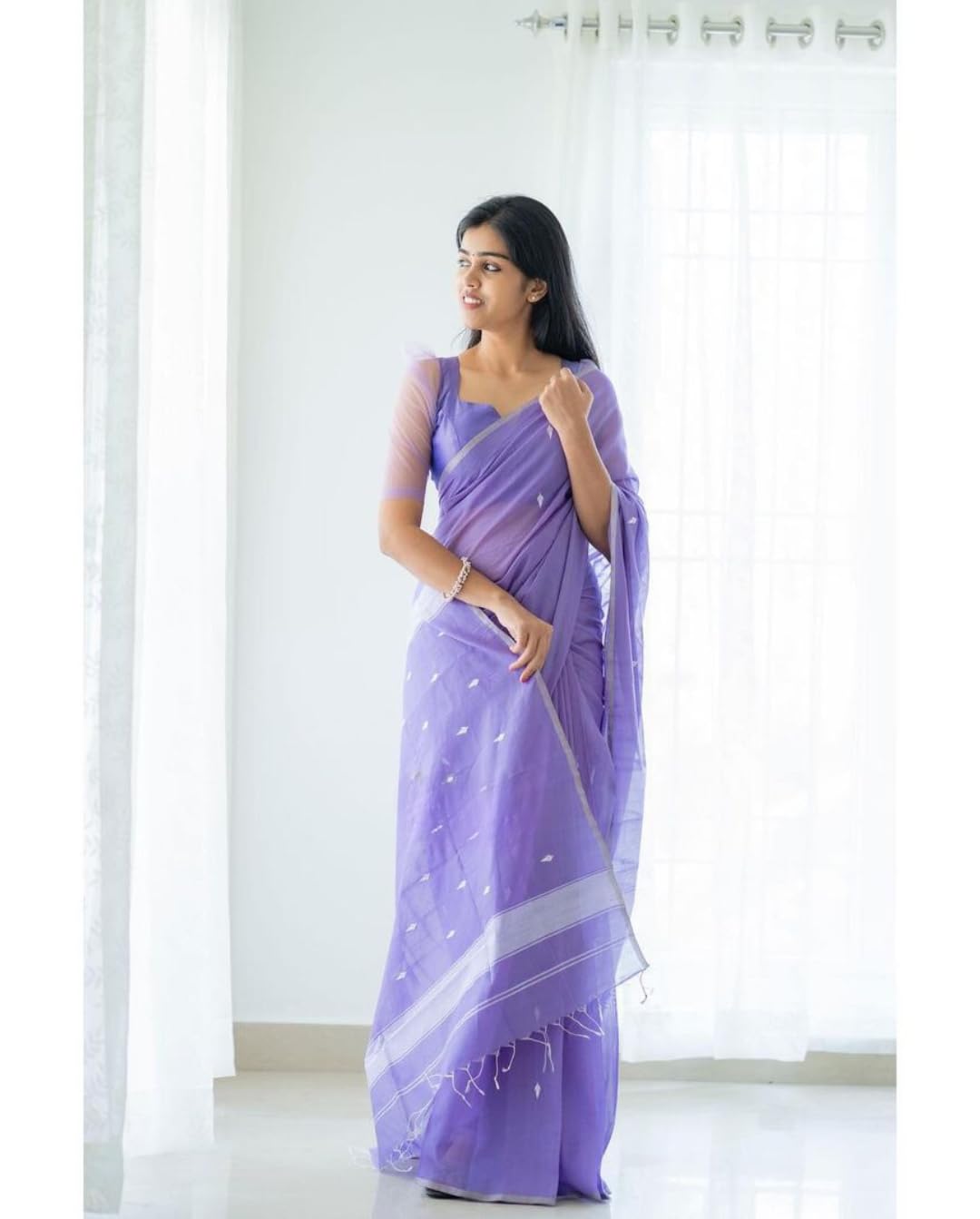 SGF11 Women's Kanjivaram Soft Cotton Linen Silk Saree With Blouse Piece (Lavender)
