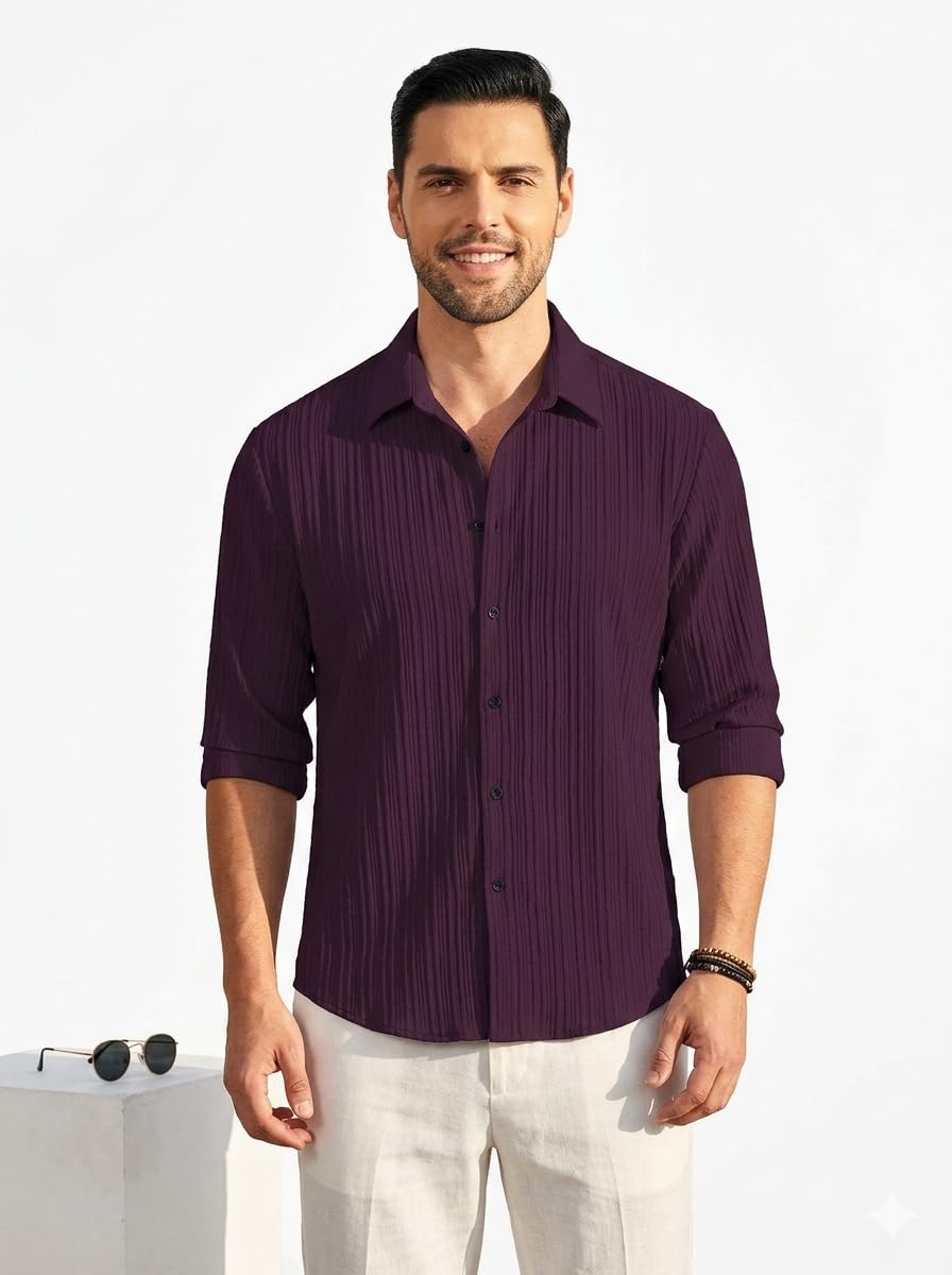 DEELMO Men's Casual Button Down Shirts Long Sleeve Linen Shirt Fashion Textured Beach Summer Shirt (in, Alpha, XL, Regular, Wine)