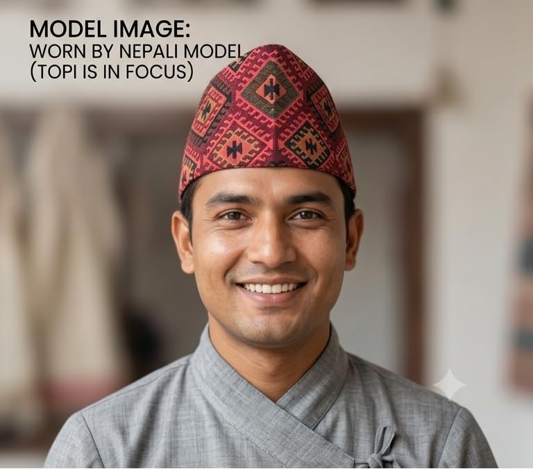 Designer Nepali Dhaka topi, Nepali/Dhaka Cap, Nepal Cap with Double Axe Design (in, Alpha, S) Black