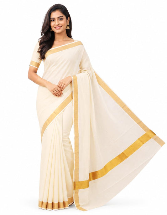 Fashily Women’s Kerala Off white cotton saree with running blouse| Onam & Vishu Saree (Gold Border)