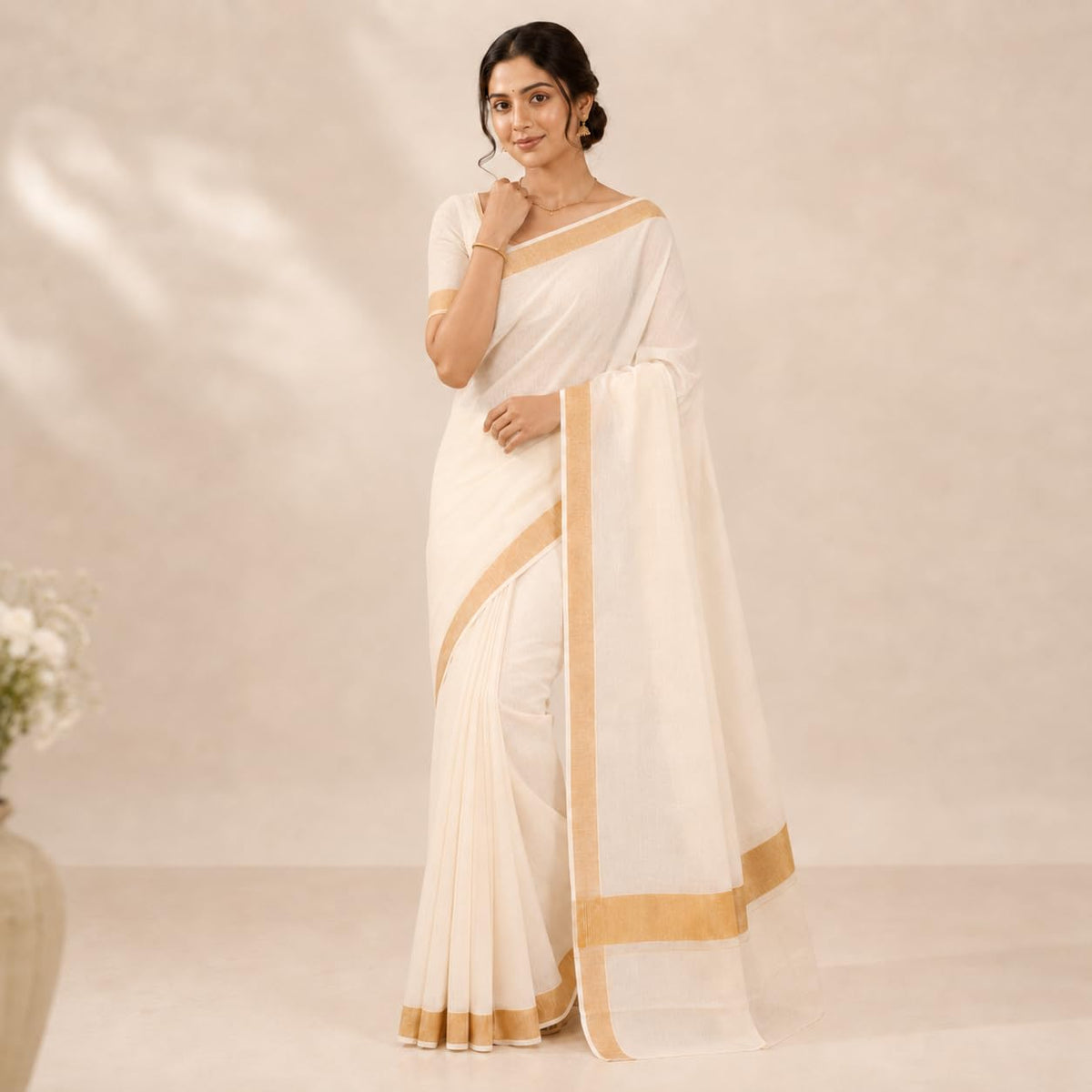Fashily Women’s Kerala Off white cotton saree with running blouse| Onam & Vishu Saree (Gold Border)