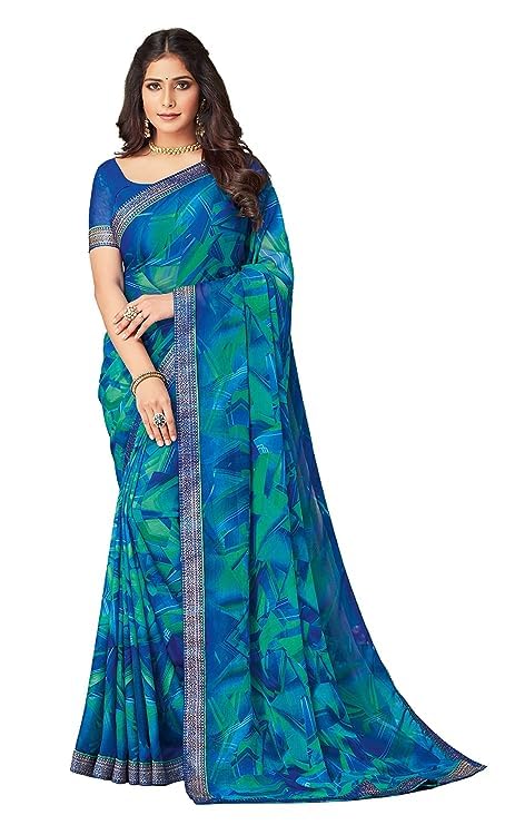 SIRIL Women's Lace & Printed Chiffon Saree with Blouse(2206S934_Blue & Multi)