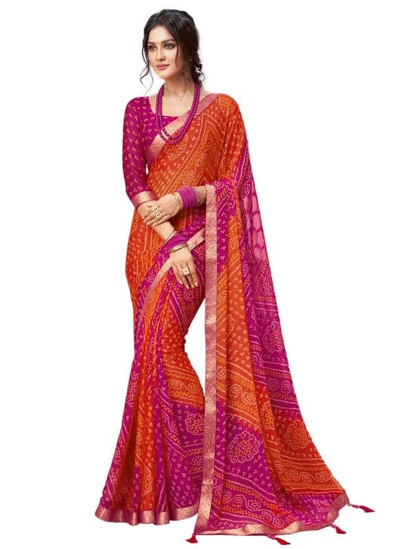 SIRIL Women's Bandhani Printed Chiffon Saree with Blouse(2612S2078_Pink & Orange)