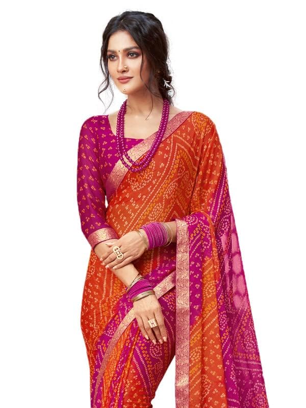 SIRIL Women's Bandhani Printed Chiffon Saree with Blouse(2612S2078_Pink & Orange)