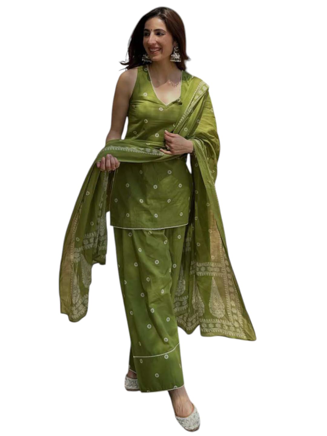 ANNI DESIGNER Women's Cotton Blend Printed Straight Farshi Salwar Set with Dupatta for Women (Santiva Green_S_Green_S)