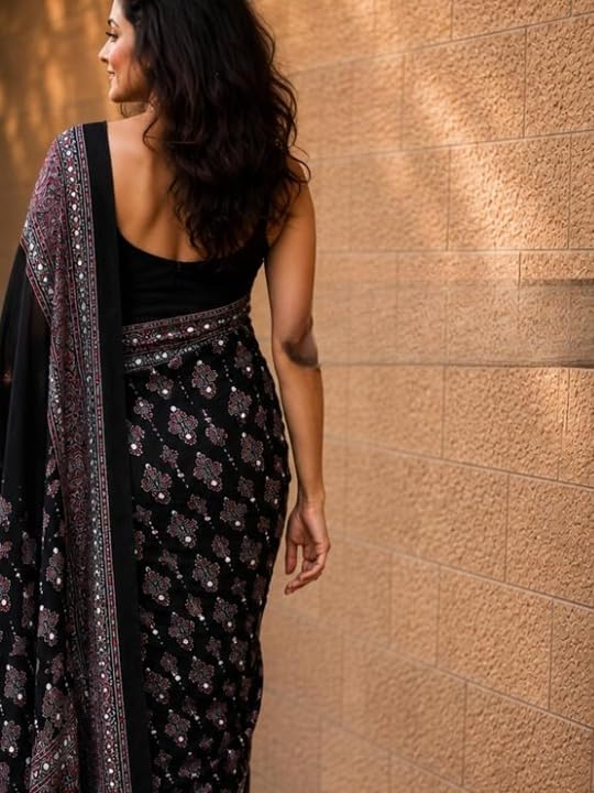 Orbexa Ajrakh Modal Silk Saree for Women | Mirror Work Black Saree | Gajji Silk Red Pallu Tassels | Designer Sarees for Women Party | Ajrakh Print Saree | Modal Silk Sarees Original (Black)