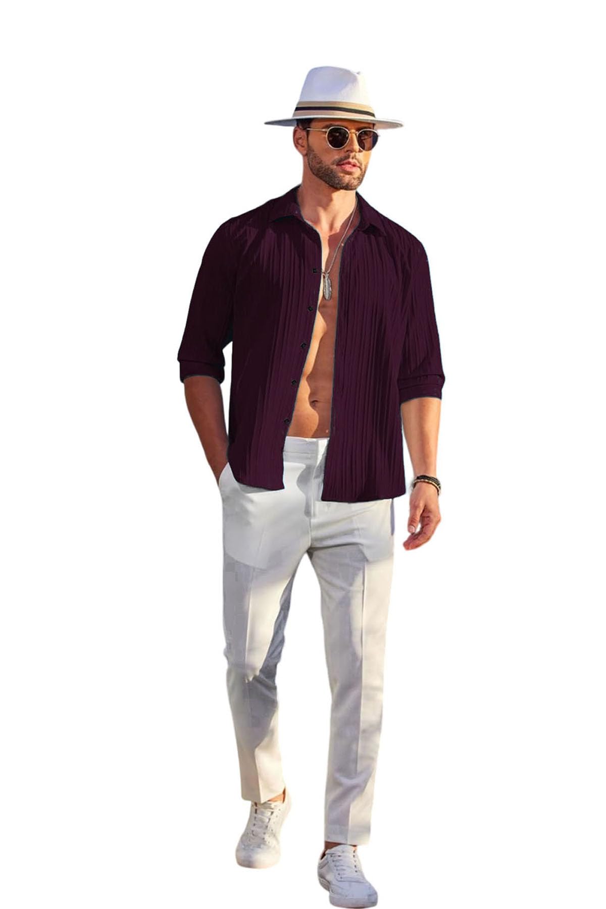DEELMO Men's Casual Button Down Shirts Long Sleeve Linen Shirt Fashion Textured Beach Summer Shirt (in, Alpha, XL, Regular, Wine)