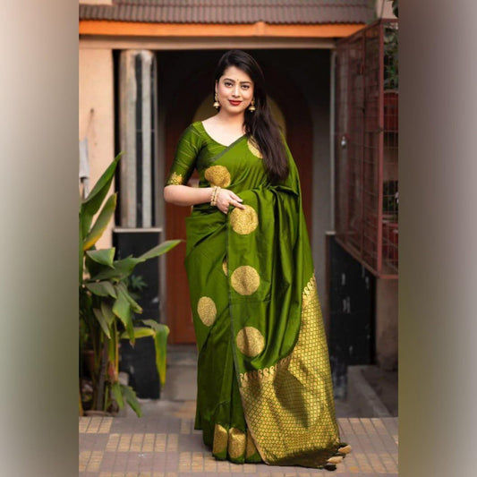 C J Enterprise Women's Banarasi Saree Pure Kanjivaram Silk Saree Soft Design Wear Pattu Sarees Latest Cotton With Blouse Piece For Wedding Sadi Ladies 2026 Party Sari Fancy Fashion (KeriGola Green)