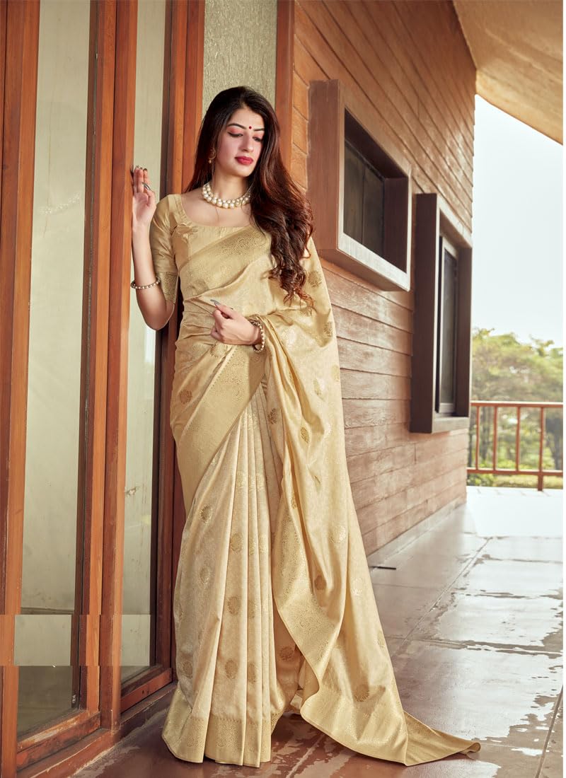SGF11 Women's Kanjivaram Pure Soft Silk Saree With Unstitched Blouse Piece (Cream)