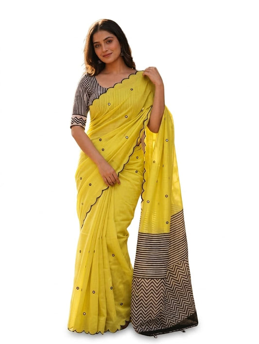 Women's Yellow Cotton Linen Saree with Mirror Work Border | Saree with unstiched Blouse Piece (Yellow)