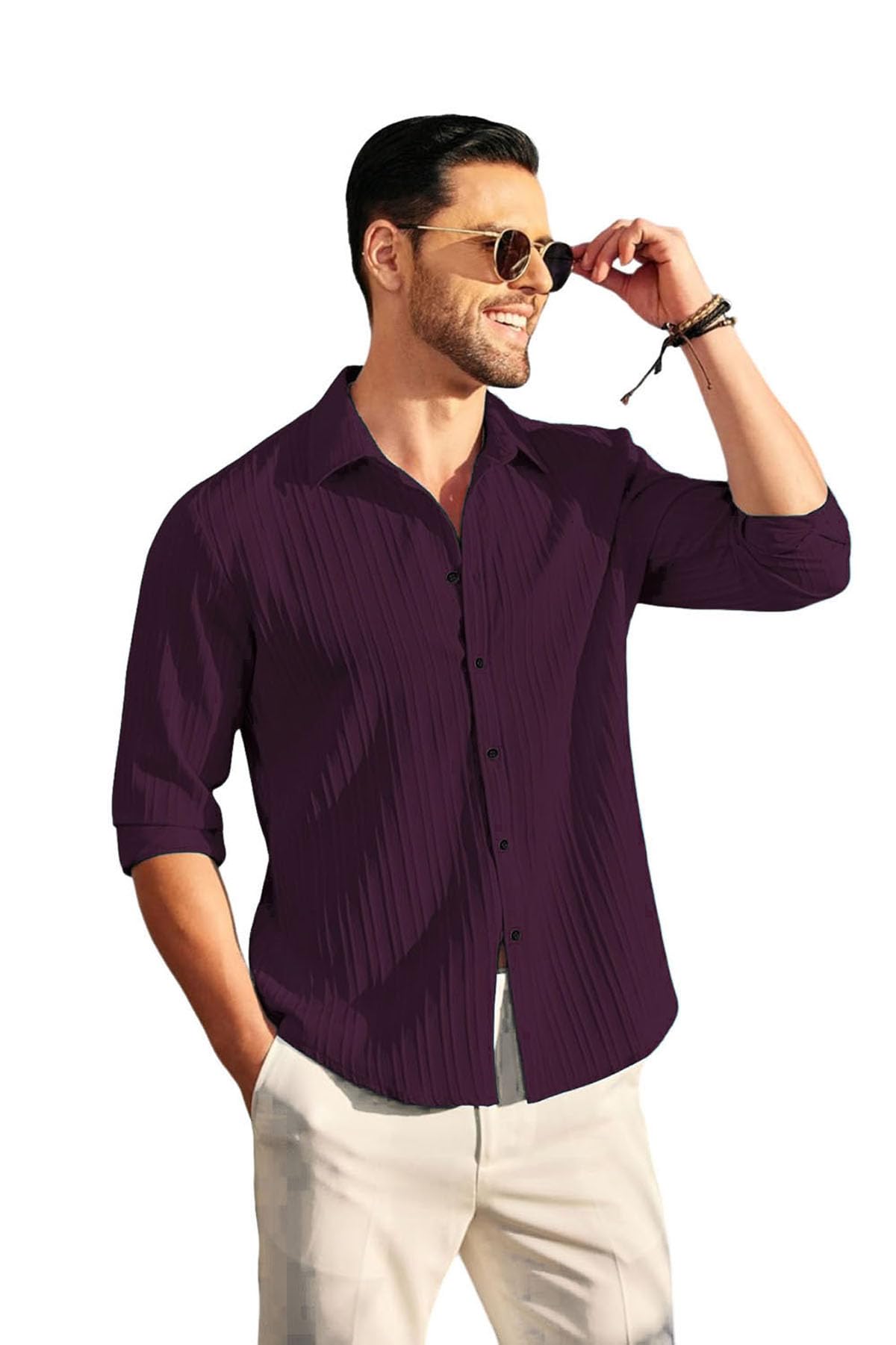 DEELMO Men's Casual Button Down Shirts Long Sleeve Linen Shirt Fashion Textured Beach Summer Shirt (in, Alpha, XL, Regular, Wine)