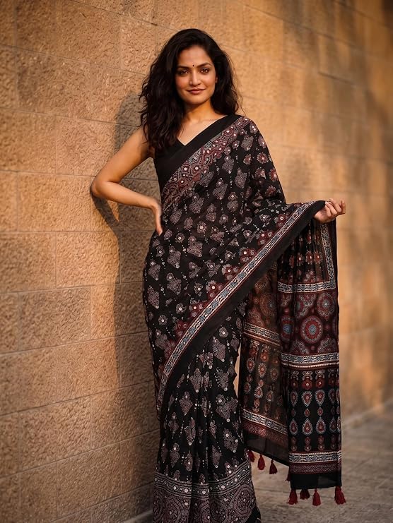 Orbexa Ajrakh Modal Silk Saree for Women | Mirror Work Black Saree | Gajji Silk Red Pallu Tassels | Designer Sarees for Women Party | Ajrakh Print Saree | Modal Silk Sarees Original (Black)