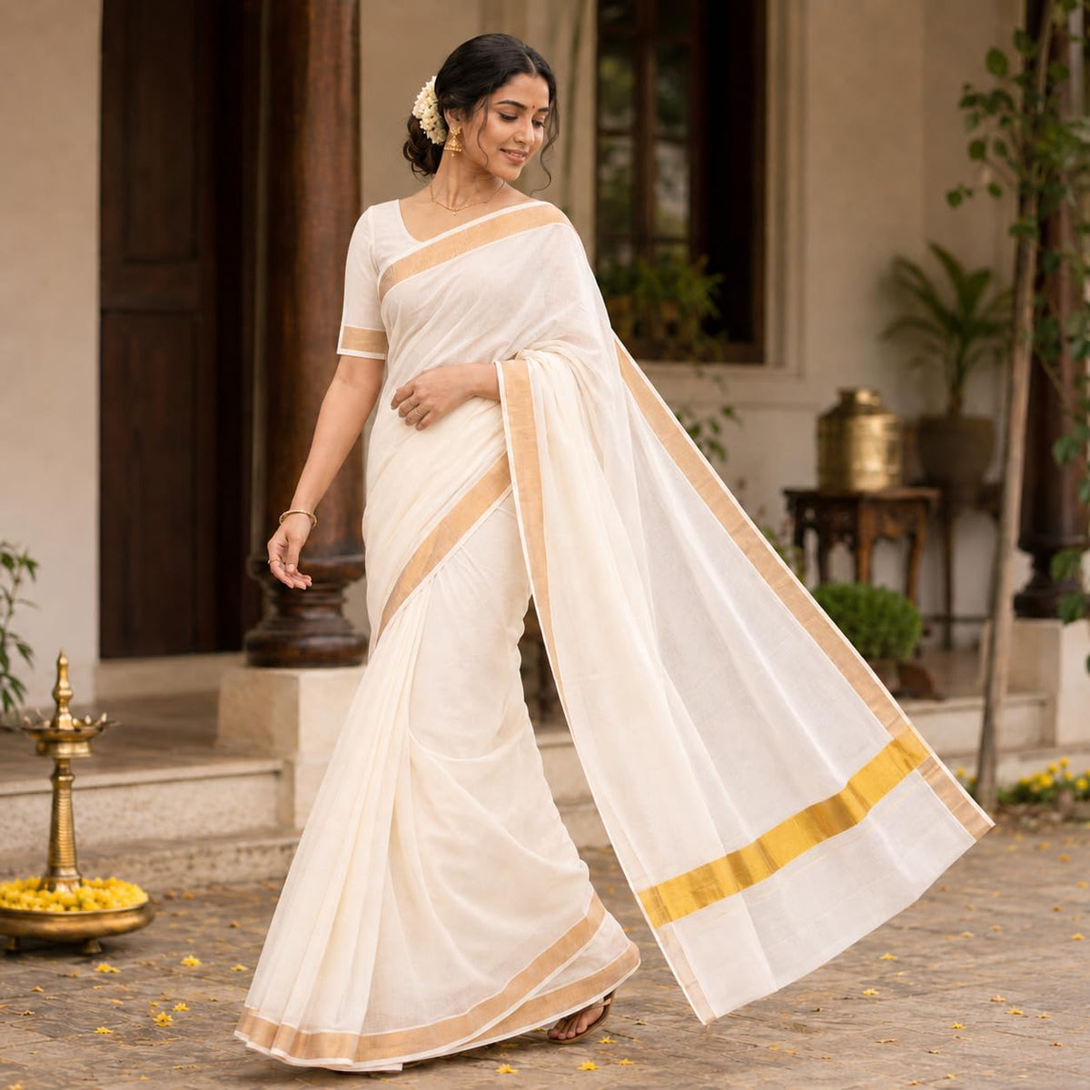 Fashily Women’s Kerala Off white cotton saree with running blouse| Onam & Vishu Saree (Gold Border)