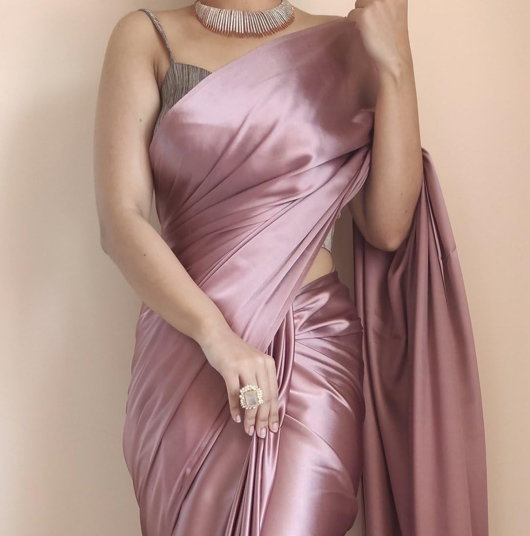 SATAZ Women's Ready to Wear Rose Gold Satin Silk Saree with Unstitched Rose Gold Blouse