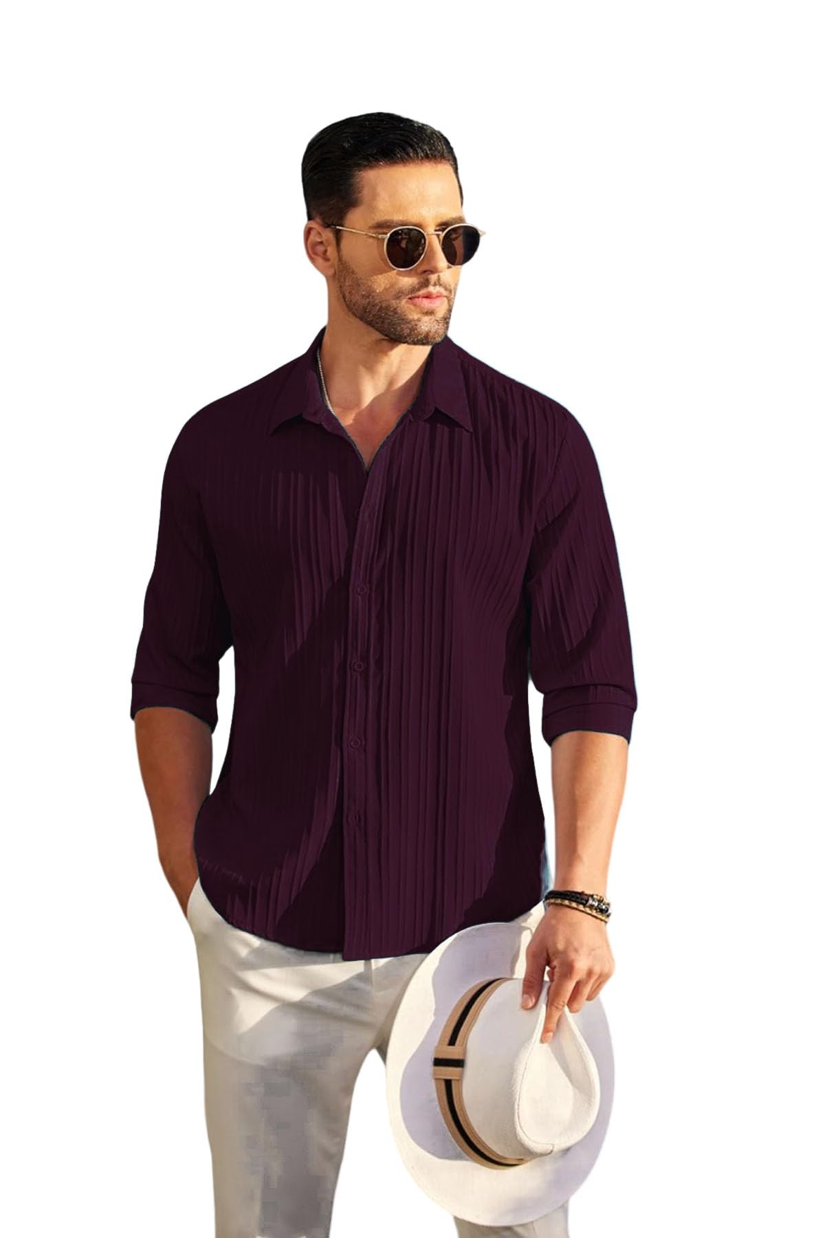 DEELMO Men's Casual Button Down Shirts Long Sleeve Linen Shirt Fashion Textured Beach Summer Shirt (in, Alpha, XL, Regular, Wine)