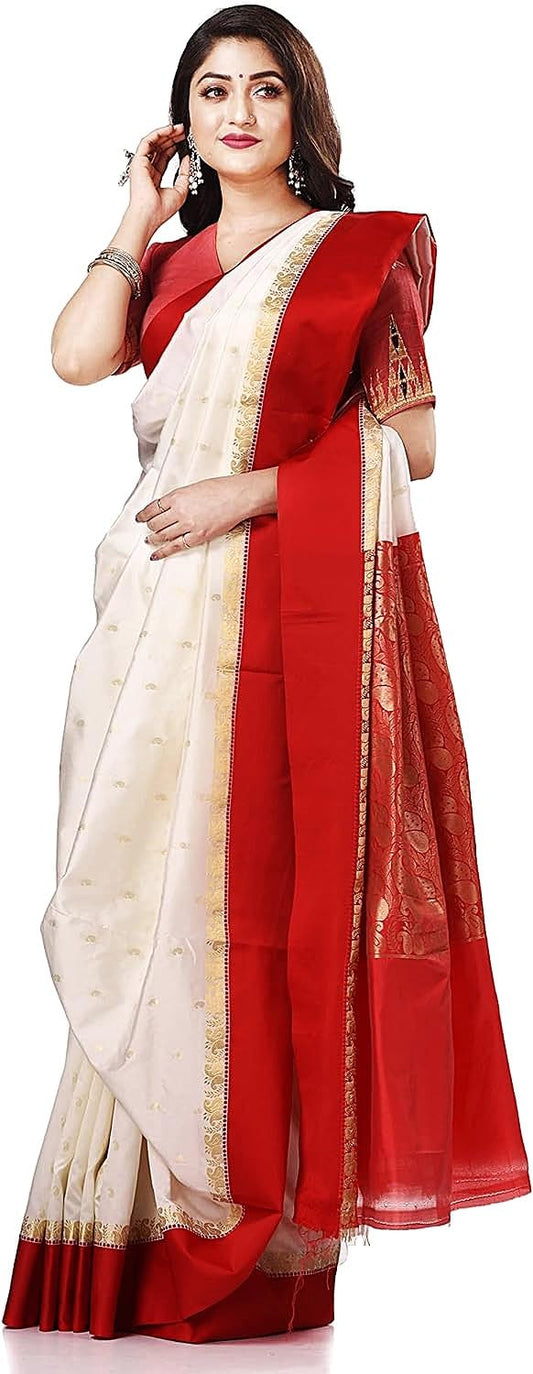 Traditional Bengali Gorod Sarees for Women Red and White Durga Puja Garad Silk Kanjivaram Goroder Lal Paar Sada Border Handloom Sari Latest Banarasi Soft lichi Handmade Zari Buti Sadi Blouse Piece