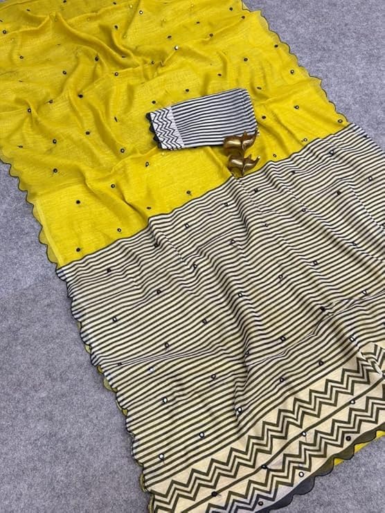 Women's Yellow Cotton Linen Saree with Mirror Work Border | Saree with unstiched Blouse Piece (Yellow)