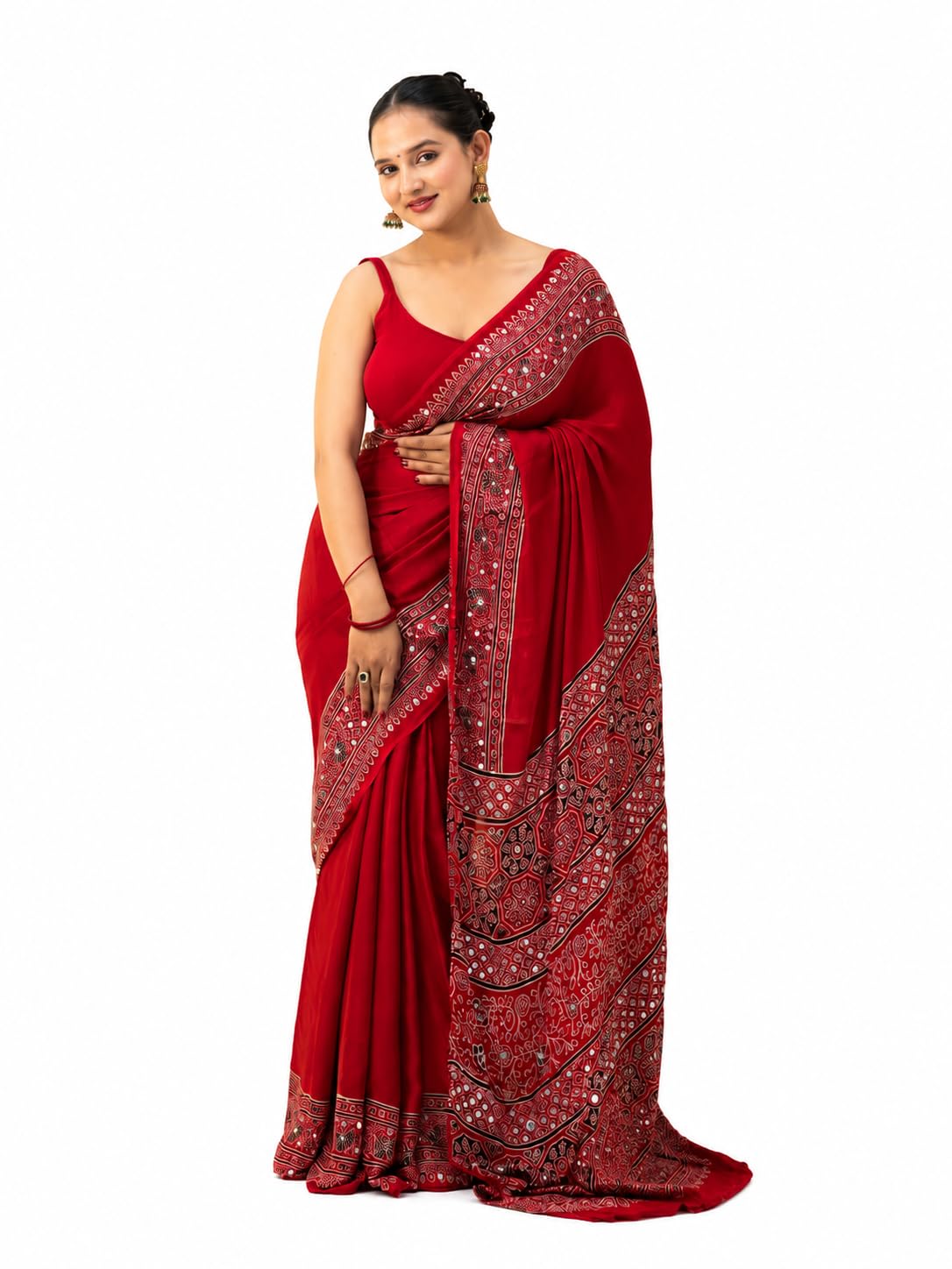 Kryone Collection Ajrakh Modal Silk Saree for Women | Mirror Work Red Saree | Gajji Silk Black Pallu Tassels | Designer Sarees for Women Party | Ajrakh Print Saree | Modal Silk Sarees Original
