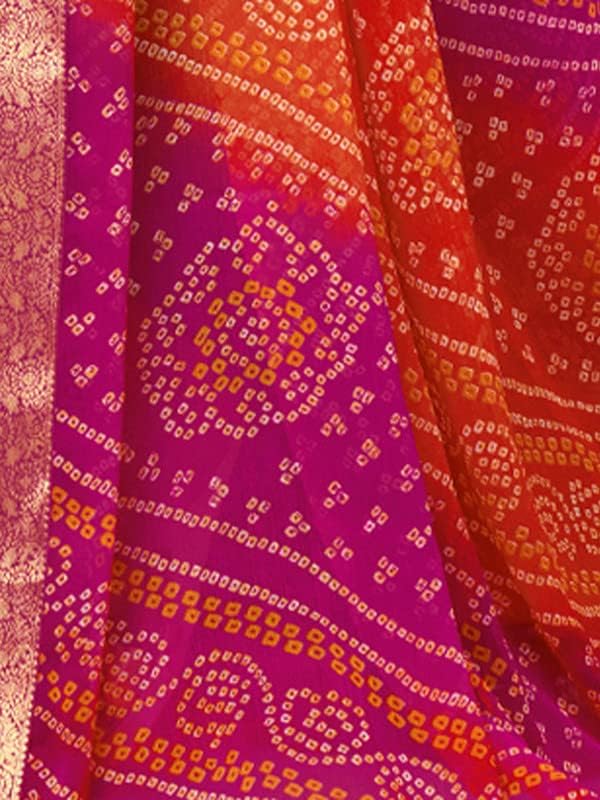 SIRIL Women's Bandhani Printed Chiffon Saree with Blouse(2612S2078_Pink & Orange)