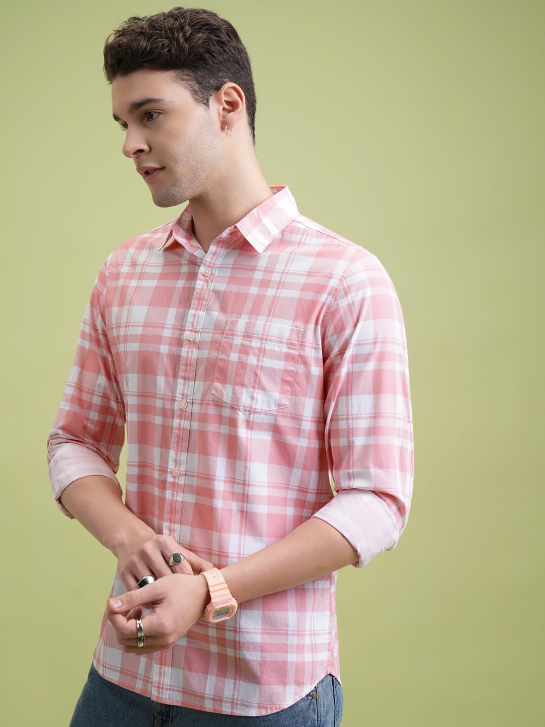Highlander Men Cotton Slim Fit Shirt (PHSH000014_LT Pink/White L)