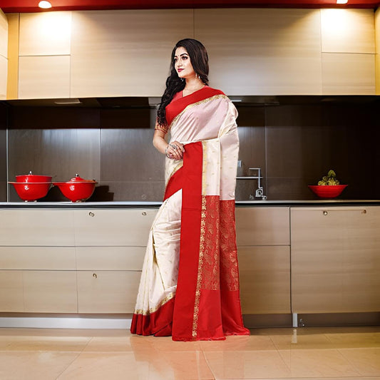 Traditional Bengali Gorod Sarees for Women Red and White Durga Puja Garad Silk Kanjivaram Goroder Lal Paar Sada Border Handloom Sari Latest Banarasi Soft lichi Handmade Zari Buti Sadi Blouse Piece