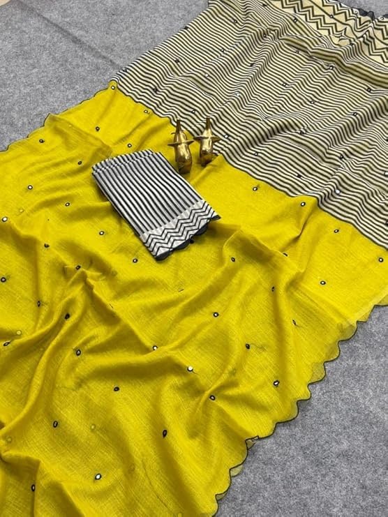 Women's Yellow Cotton Linen Saree with Mirror Work Border | Saree with unstiched Blouse Piece (Yellow)