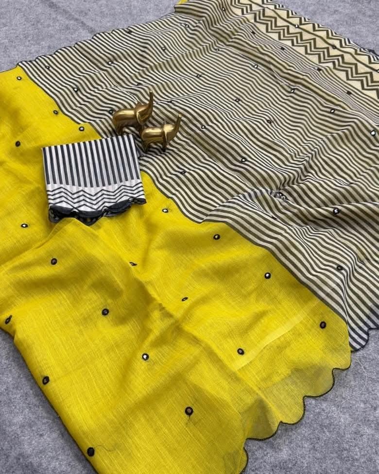 Women's Yellow Cotton Linen Saree with Mirror Work Border | Saree with unstiched Blouse Piece (Yellow)