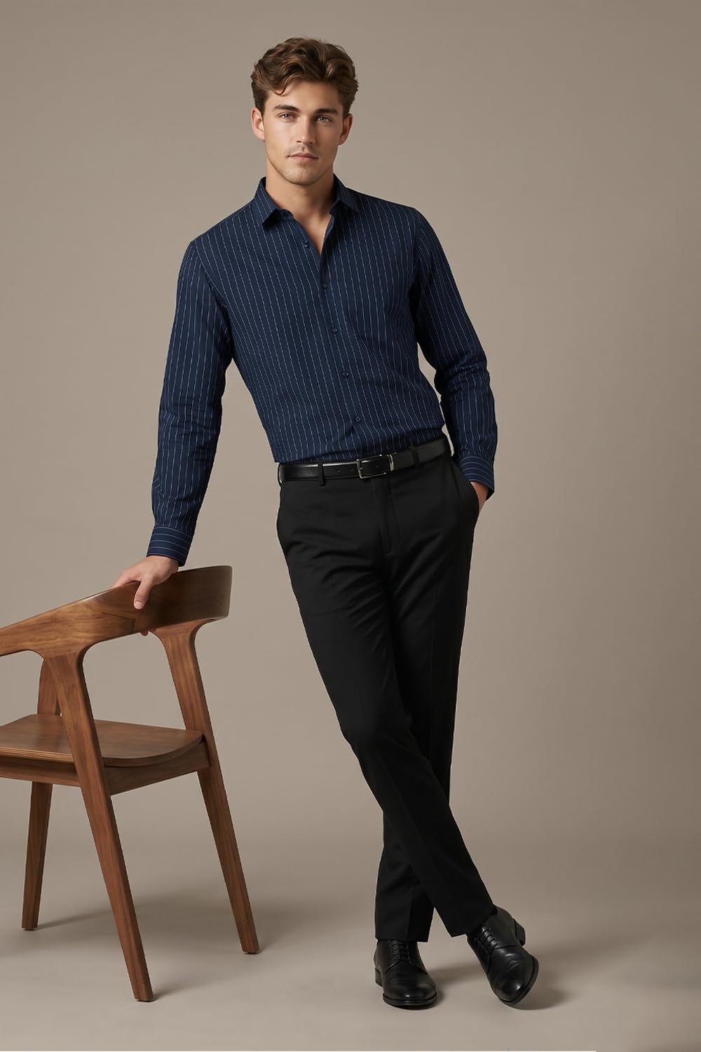 Peter England Men's Slim Fit Full Sleeve Striped Formal Shirt | Cotton Rich | Wonder Fabric | Pin Point Oxford Navy