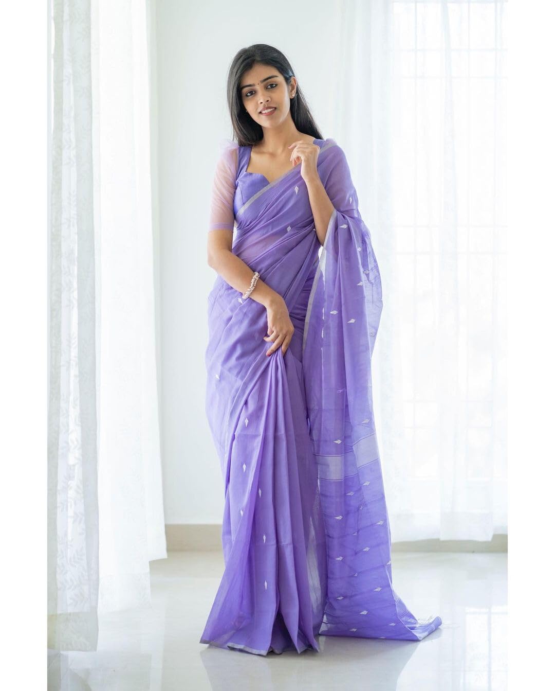 SGF11 Women's Kanjivaram Soft Cotton Linen Silk Saree With Blouse Piece (Lavender)