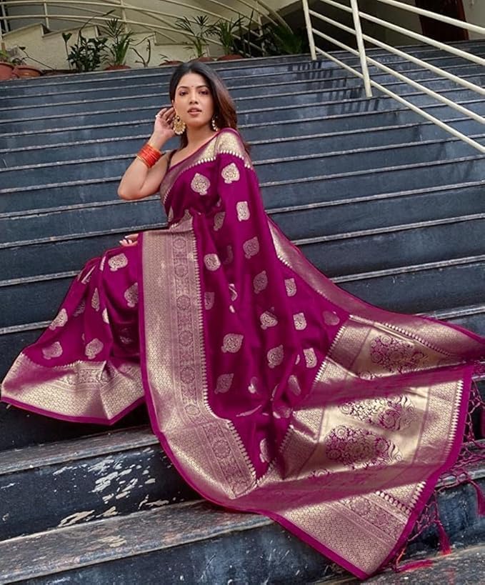 C J Enterprise Women's Banarasi Saree Pure Kanjivaram Silk Saree for Women (Pari122-51) (Wine)