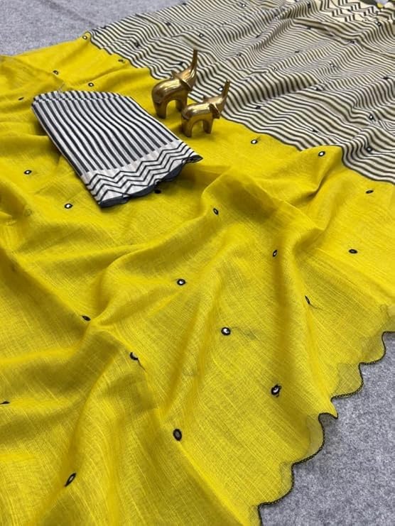 Women's Yellow Cotton Linen Saree with Mirror Work Border | Saree with unstiched Blouse Piece (Yellow)