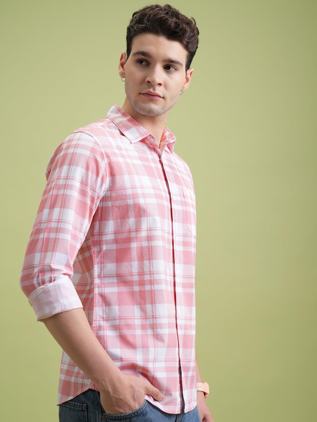 Highlander Men Cotton Slim Fit Shirt (PHSH000014_LT Pink/White L)