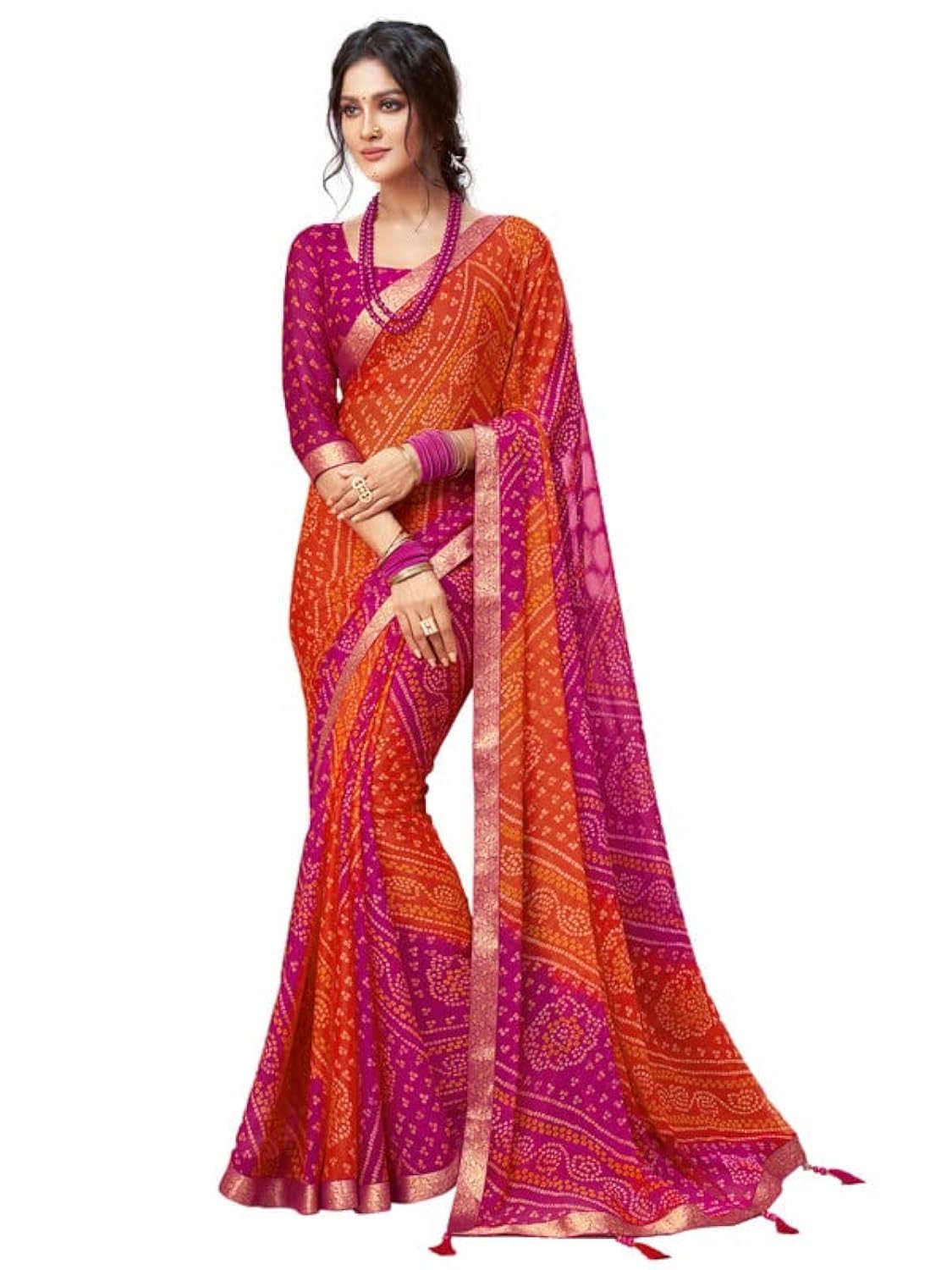SIRIL Women's Bandhani Printed Chiffon Saree with Blouse(2612S2078_Pink & Orange)