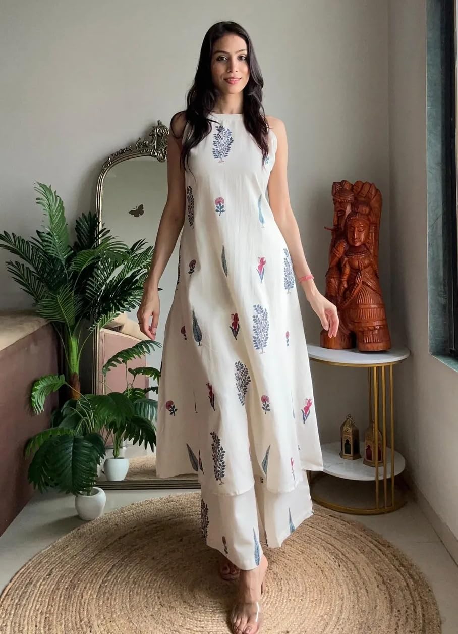 Klosia Women Pure Cotton Kurta Palazzo Set | Sleeveless Printed Kurta with Palazzo Pants | Summer Friendly, Office Wear Co-Ord Set White