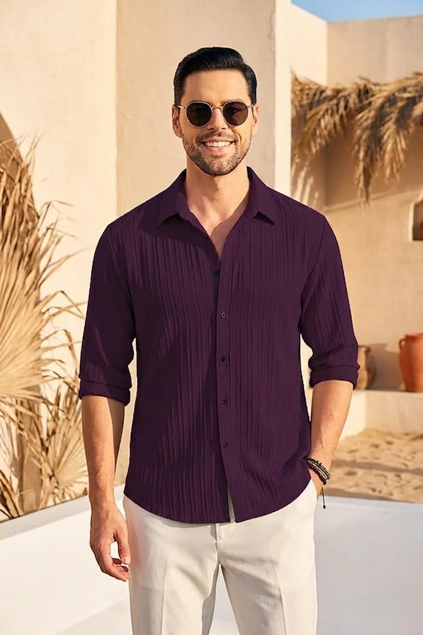 DEELMO Men's Casual Button Down Shirts Long Sleeve Linen Shirt Fashion Textured Beach Summer Shirt (in, Alpha, XL, Regular, Wine)