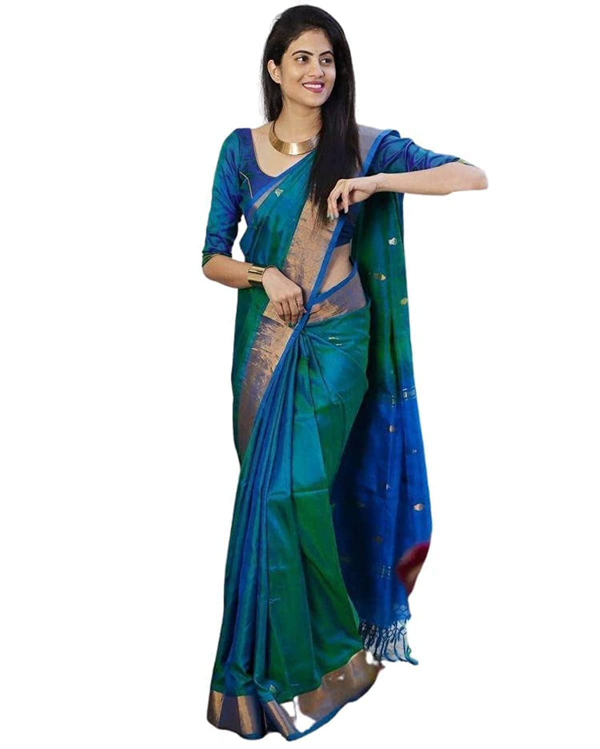SGF11 Women's Kanjivaram Zari Woven Soft Silk Saree With Unstiched Blouse Piece (Rama Green)