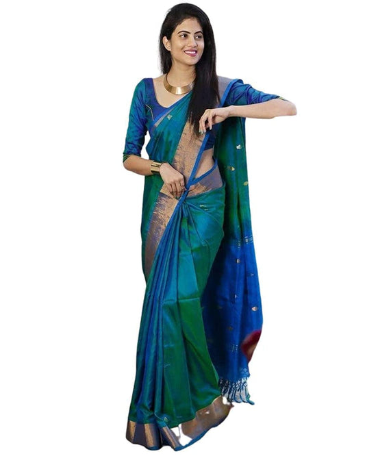 SGF11 Women's Kanjivaram Zari Woven Soft Silk Saree With Unstiched Blouse Piece (Rama Green)