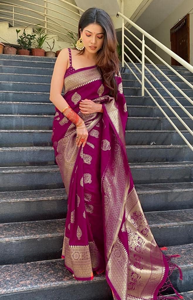 C J Enterprise Women's Banarasi Saree Pure Kanjivaram Silk Saree for Women (Pari122-51) (Wine)