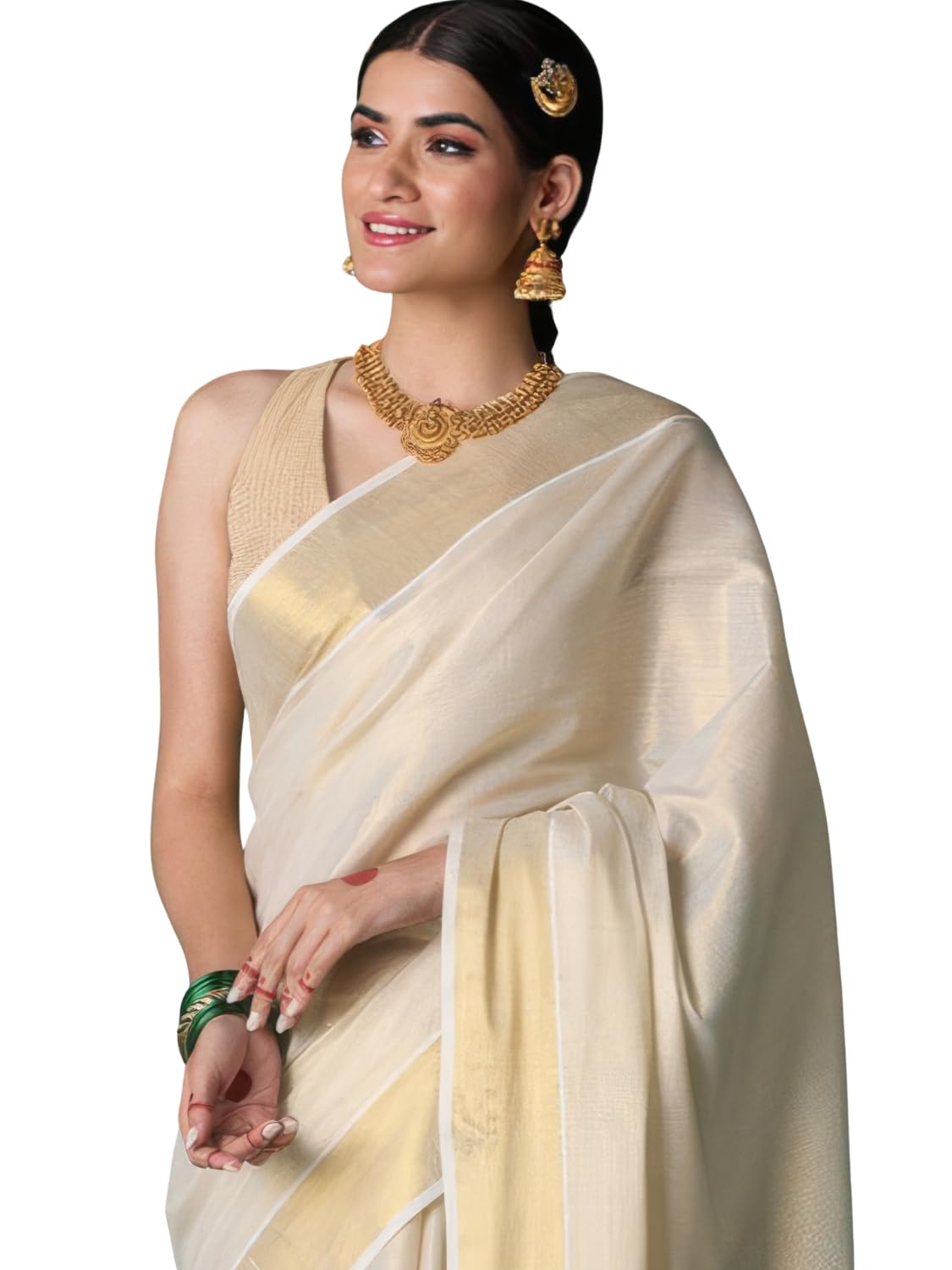 DhevStylish Women's Kerala Kasavu Golden Tissue Plain Saree with Running Blouse | South Indian Saree