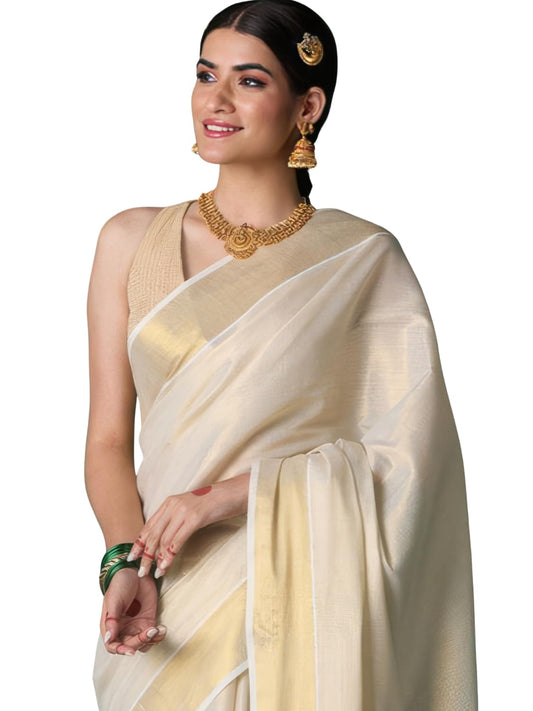 DhevStylish Women's Kerala Kasavu Golden Tissue Plain Saree with Running Blouse | South Indian Saree