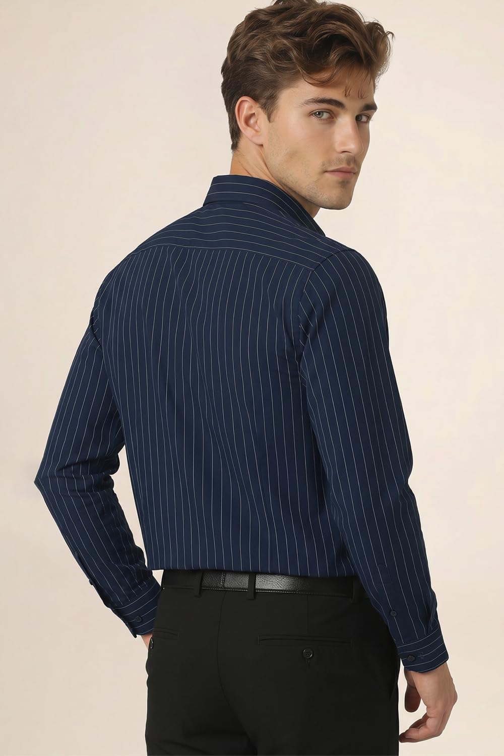 Peter England Men's Slim Fit Full Sleeve Striped Formal Shirt | Cotton Rich | Wonder Fabric | Pin Point Oxford Navy