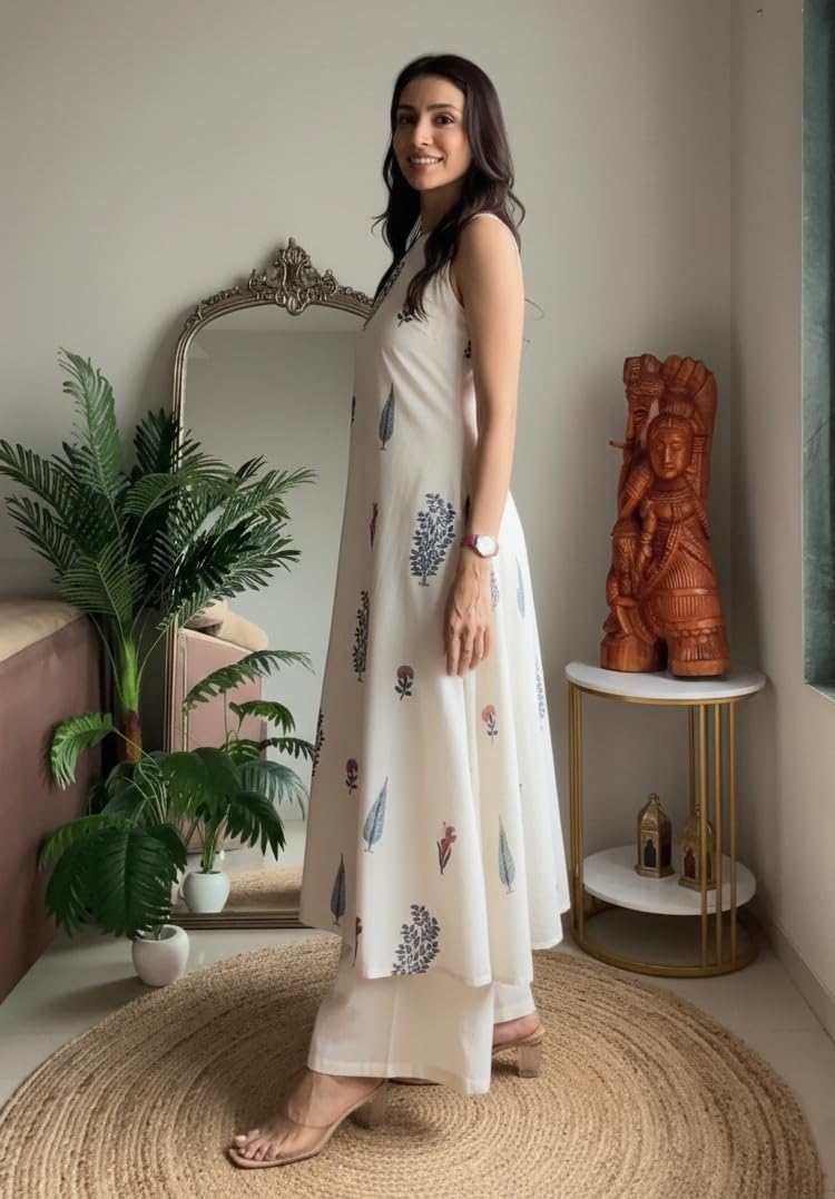 Klosia Women Pure Cotton Kurta Palazzo Set | Sleeveless Printed Kurta with Palazzo Pants | Summer Friendly, Office Wear Co-Ord Set White